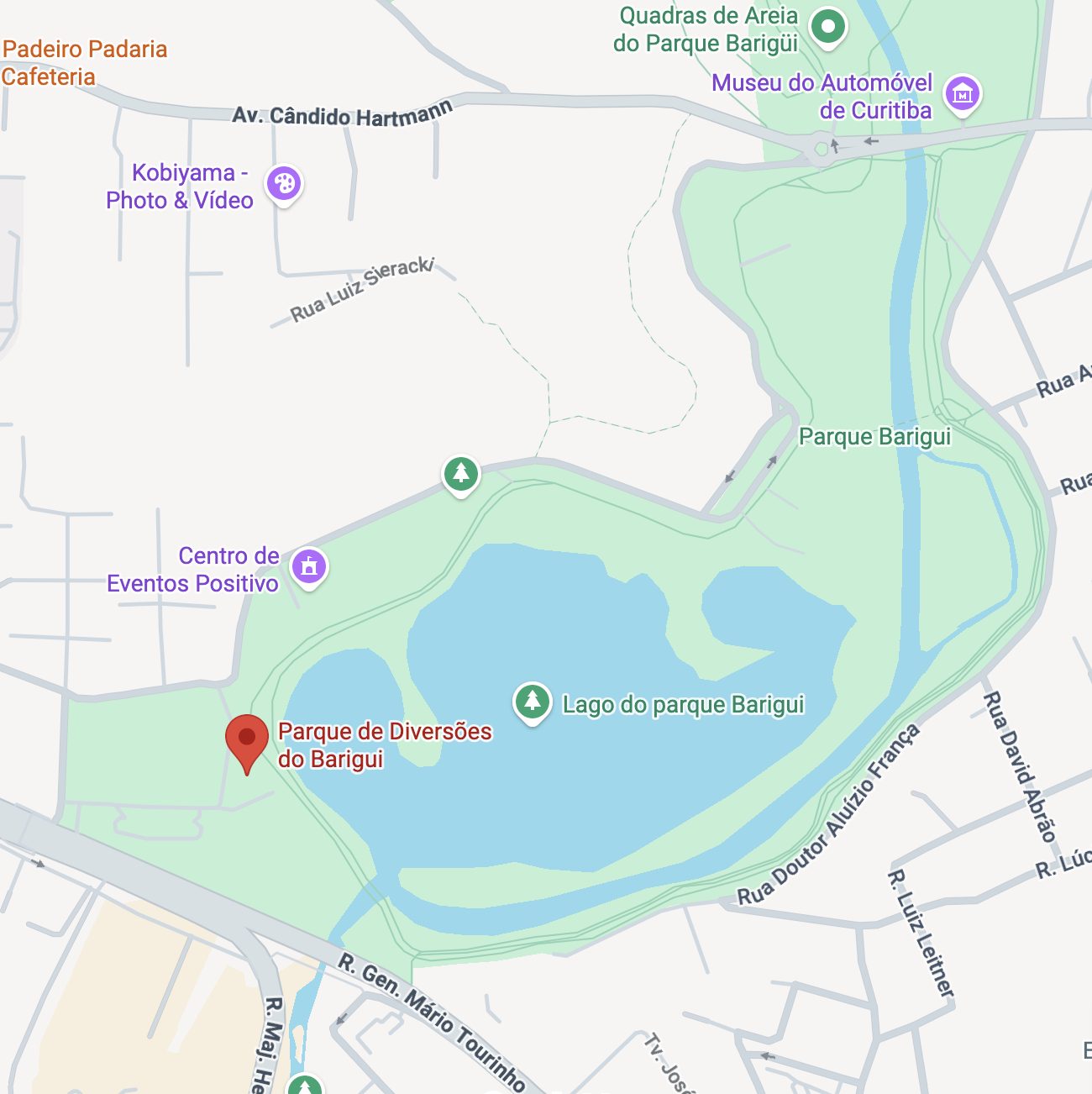 Mapa do Parque Barigui com o lago ao centro e o pino no Parque de Diversões, junto à BR-277 e à Rua General Mário Tourinho
